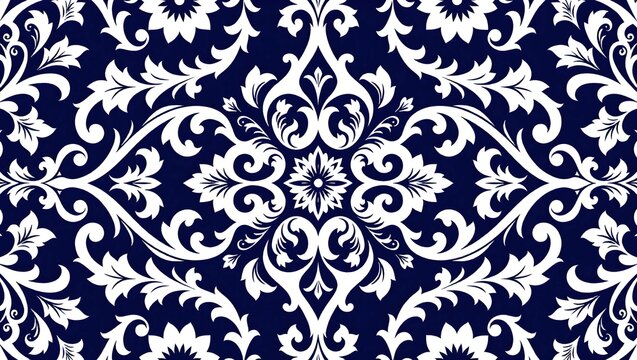 A symmetrical damask pattern in white against a deep navy blue backdrop, ideal for elegant backgrounds and designs.