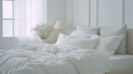 beautiful bed after sleep featuring rumpled sheets and soft light