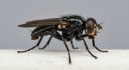 Fototapeta premium Realistic Macro Photo of a Black Housefly Insect Detailed Wildlife