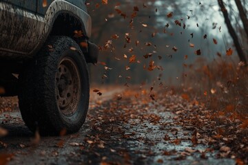 Fototapeta premium A picture of a wheel of a car on a dirt road with leaves falling.