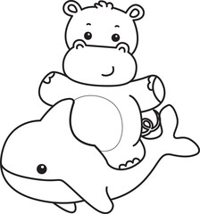 Fototapeta premium Outline of Cute hippo icon. Coloring page of Funny baby hippo animal series stock illustration. life of fluffy hippo designs.