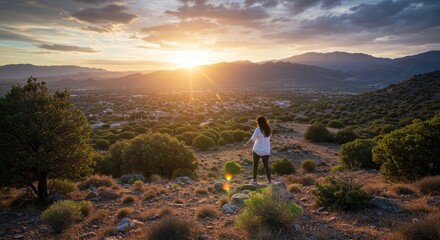 Panoramic Sunset Landscape Woman on Mountain Top Scenic Nature View