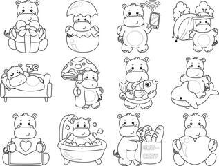 Outline of Cute hippo icon. Coloring page of Funny baby hippo animal series stock illustration. life of fluffy hippo designs.