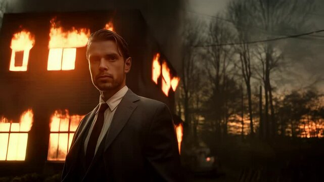 Determined businessman stands tall as houses burn in the background, symbolizing resilience and facing adversity head-on.