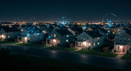 Fototapeta premium Night Photo Of Residential Houses In Neighborhood At Evening Illumination