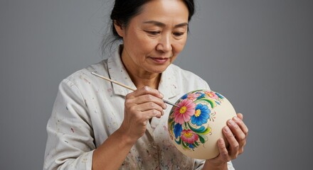 Fototapeta premium Asian woman meticulously painting a decorative Easter egg.