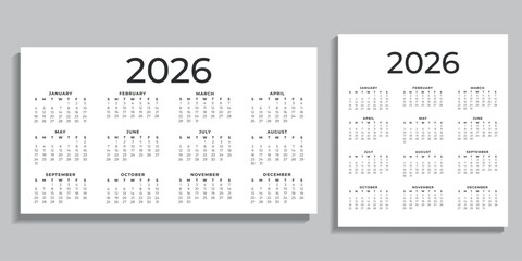 Set of vector classic calendars for 2026. Week starts on Sunday. Vertical and horizontal calendar in minimalist style