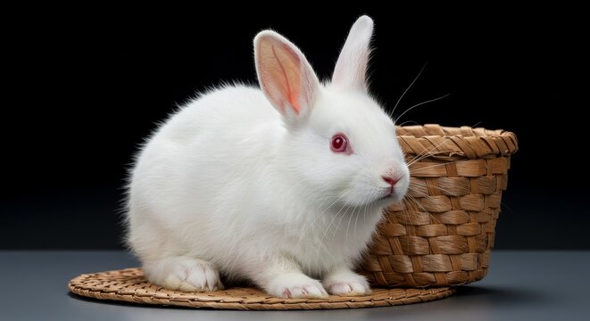 Studio Shot of White Rabbit Near Basket Adorable Furry Domestic Pet