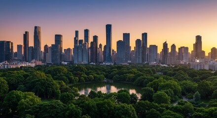 Urban Cityscape Skyline at Dusk Buildings Reflective City Park Trees
