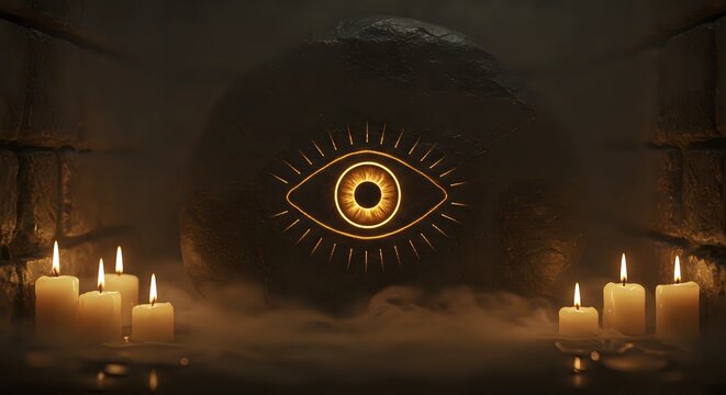 Glowing Eye Symbol on Dark Stone with Candles in Smoky Room