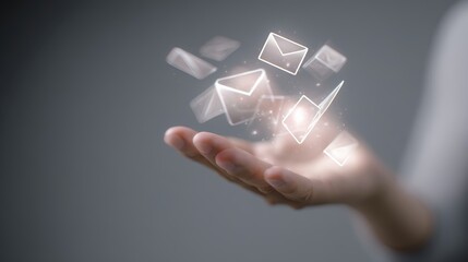 A hand holds shimmering envelopes that appear to glow against a neutral background