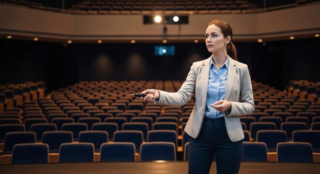 Businesswoman Practicing Presentation in Auditorium