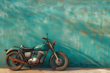 A vintage motorcycle is parked against a textured wall in a shade of teal.