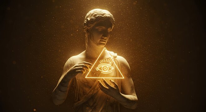 Marble Statue Holding Glowing Eye Inside Triangle in Dramatic Lighting