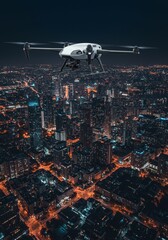 Photo Aerial Drone Flying Over Night City Lights Skyline View