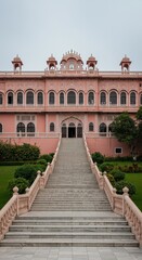 Fototapeta premium Photo of Pink Ornate Building Facade with Stairs and Architectural Details