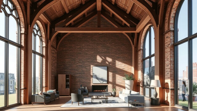 Elegant Living Room in a Gothic-Inspired Brick Building with Large Arched Windows