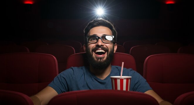 Photo Cheerful Man Enjoying Movie with Popcorn at Dark Theater - Powered by Adobe