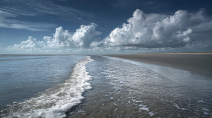 A breathtaking view of the North German Wadden Sea, showcasing its expansive tidal flats, delicate ecosystems, and serene coastal environment.  Generative AI