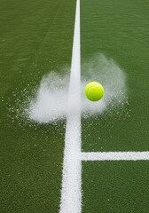 Photo Close Up Tennis Ball Hits White Line Green Court Impact