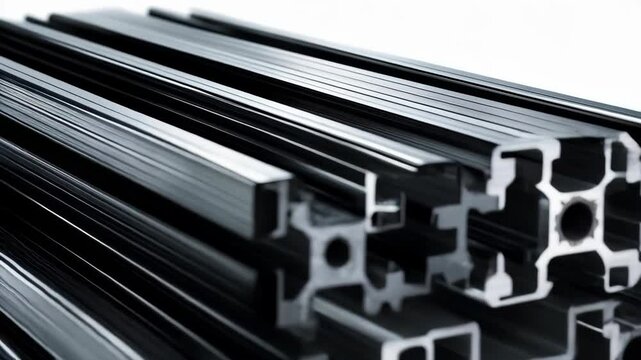 Stack of anodized aluminum profiles in silver and black on white background, showcasing geometric shapes and construction material details