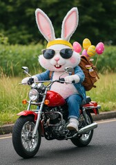 Photo Easter Bunny Biker Motorcycle Eggs Road Spring Holiday Ride