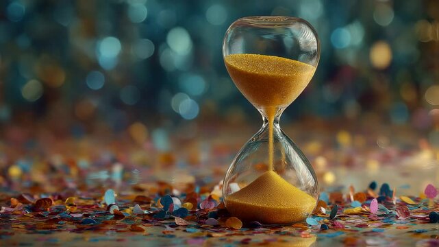 Hourglass standing amid a confetti flurry, symbolizing time's passage amid celebration, transition, and the beauty of ephemeral moments