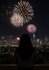 Photo Fireworks Night City Skyline Lights Display Cityscape Celebration