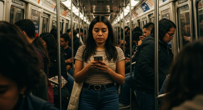 Photo of Woman Using Mobile in Subway Car in City Urban Commute