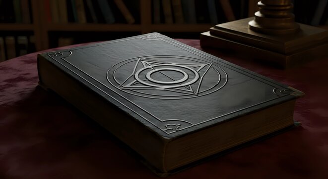 Dark Hardcover Book with Geometric Design on Burgundy Table