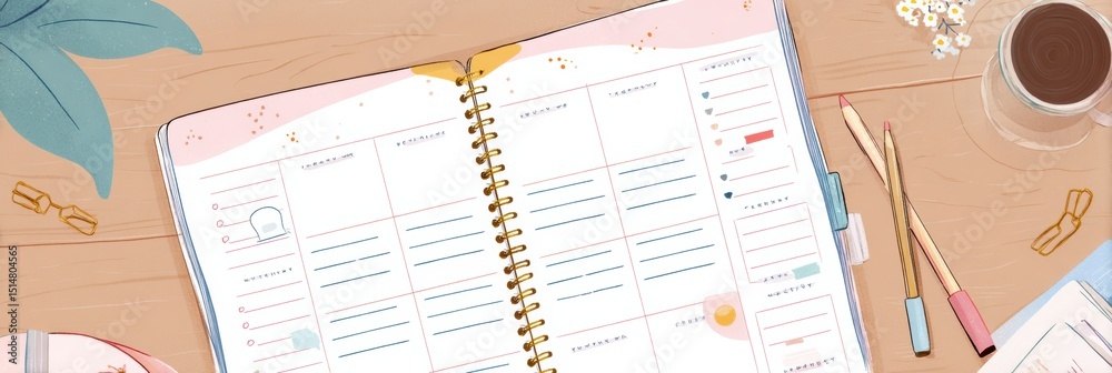 Aufkleber weekly calendar illustration featuring goals and motivational stickers with a soft top margin set on