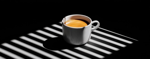 Nation espresso day with hot caffeine idea. Coffee cup with shadows and light contrasts.