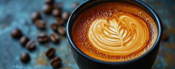 Nation espresso day with hot caffeine idea. Rich coffee with latte art and scattered beans nearby.