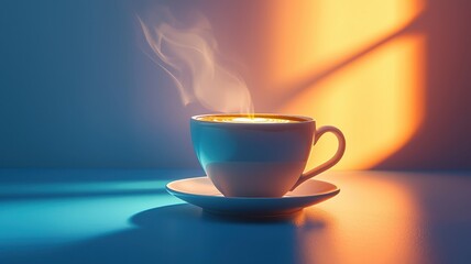 Nation espresso day with hot caffeine idea. Steaming cup of coffee on a colorful surface.