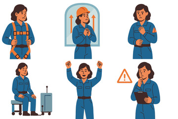 Fototapeta premium Flat vector illustration of female aerospace engineer in six full-body poses showing different emotions and tasks safety cautious, hopeful simulation, emergency tense, calm testing, thrilled success, 