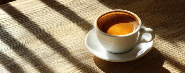 Nation espresso day with hot caffeine idea. Coffee cup on a wooden surface with sunlight and shadows.