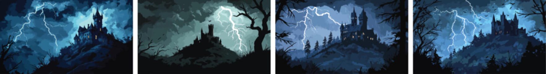 Dark Castle on a Hill during Thunderstorm and Lightning Storm Dramatic Moody Fantasy Gothic Scene Background Illustration Collection Set Pack