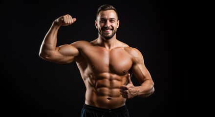 Fototapeta premium Photo Of Muscular Man Flexing Biceps On Dark Background In Studio