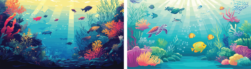 Fototapeta na wymiar Underwater world coral reef ocean floor marine life sea turtle fish colorful seascape aquatic background vibrant ecosystem diverse species beautiful scenery nature exploration tranquil environment