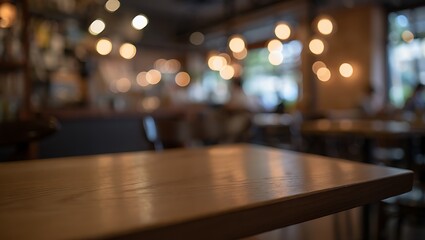 Empty wooden table in blurred cozy cafe setting