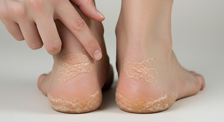 Cracked and flaky heels on both feet, dry skin detail with finger pointing to rough skin area
