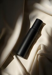 Product Editorial AI Generated - Matte black cosmetic container is displayed on a draped creamy silk fabric with soft shadows creating an elegant and minimalist beauty product presentation.