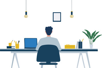 Man working from home office workplace back view business person sitting at desk with laptop computer freelancer working online student studying education concept work at home comfortable workspace