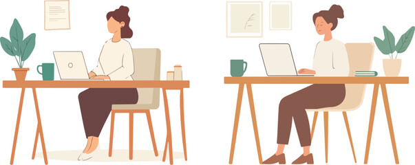Young women working or studying from home or office using laptop computer sitting at desk with coffee mug books and plants freelance work online education concept flat vector illustration isolated on