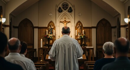 Naklejka premium Photo People Gather Praying in Church with Priest Congregation