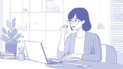 Young woman working from home office using laptop computer distant online work concept student studying learning online education freelance workplace interior horizontal portrait vector illustration