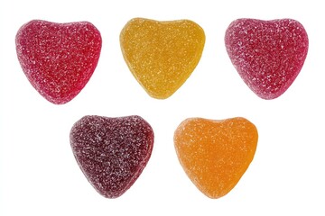 Fototapeta premium Sugar heart-shaped gummy candies in assorted colors, bright and textured confectionery treats for sweet lovers isolated on white background