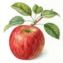 Red apple with leaves watercolor painting isolated on white background