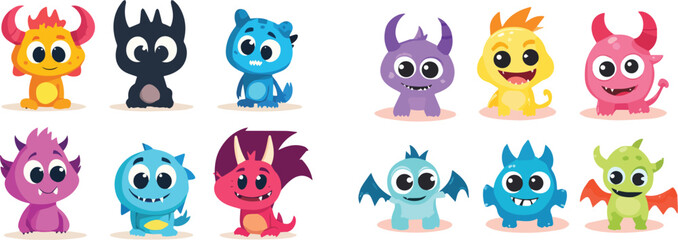 Cute colorful cartoon monsters goblins trolls Halloween spooky fantasy funny characters set isolated vector illustration for kids party decoration print game design pattern website or app