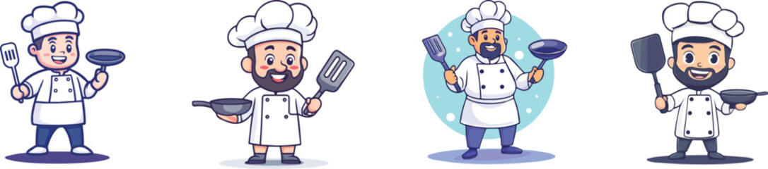 Cute Chef Mascot Cartoon Characters Set Holding Kitchen Utensils Spatula and Pan for Restaurant Logo Culinary Business Branding and Food Advertisement Clipart Collection in Flat Design Vector